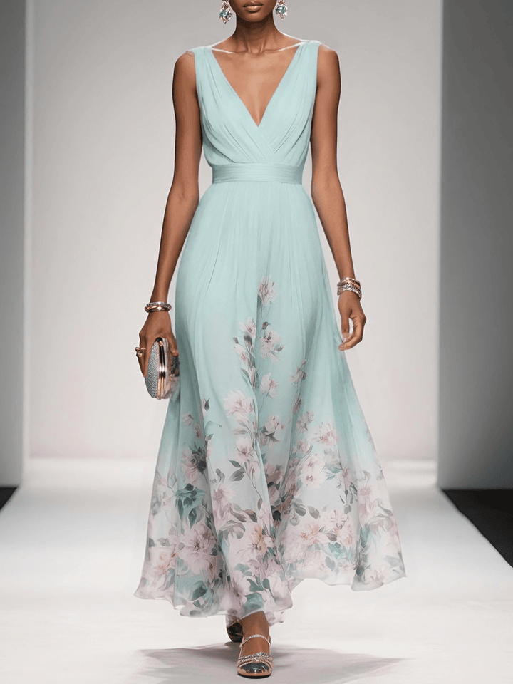Zelda | Floral Print Deep V Neck Sleeveless A Line Formal Wedding Guest Maxi Dress