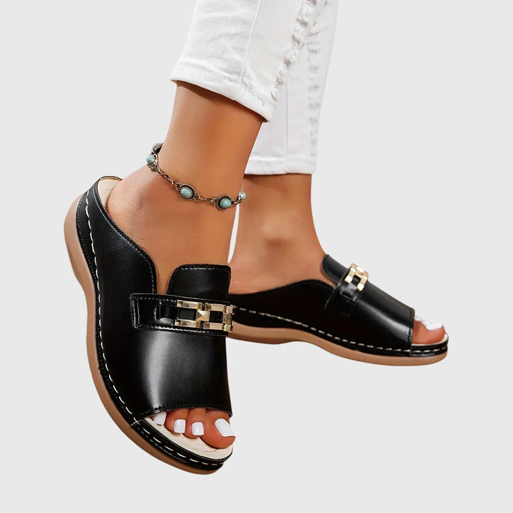 Ingrid | Gold Hardware Wide Band Suede Slip On Mules