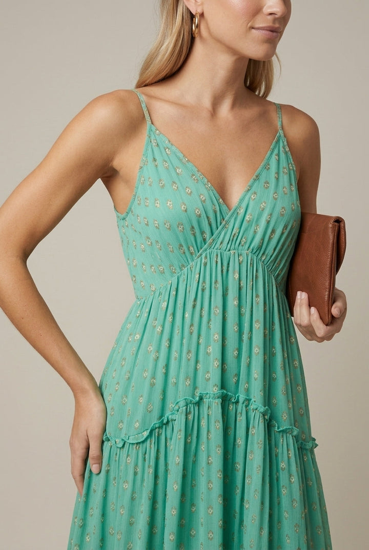 Elegant Teal Green Maxi Dress for Women with V-Neck Spaghetti Strap Smocked Tiered Style