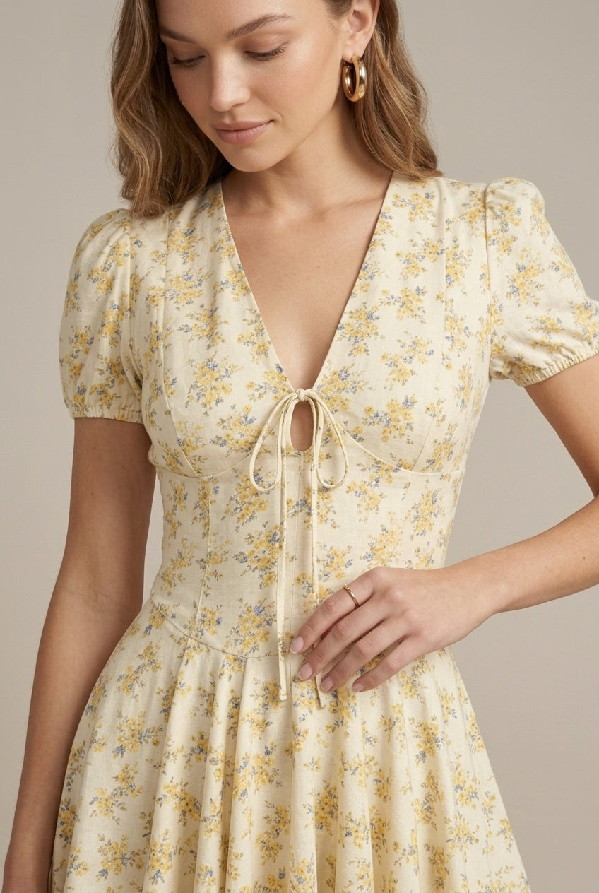 Effortless Yellow Floral Mini Dress for Women with V-Neck Short Sleeve Pleated Flowy Style
