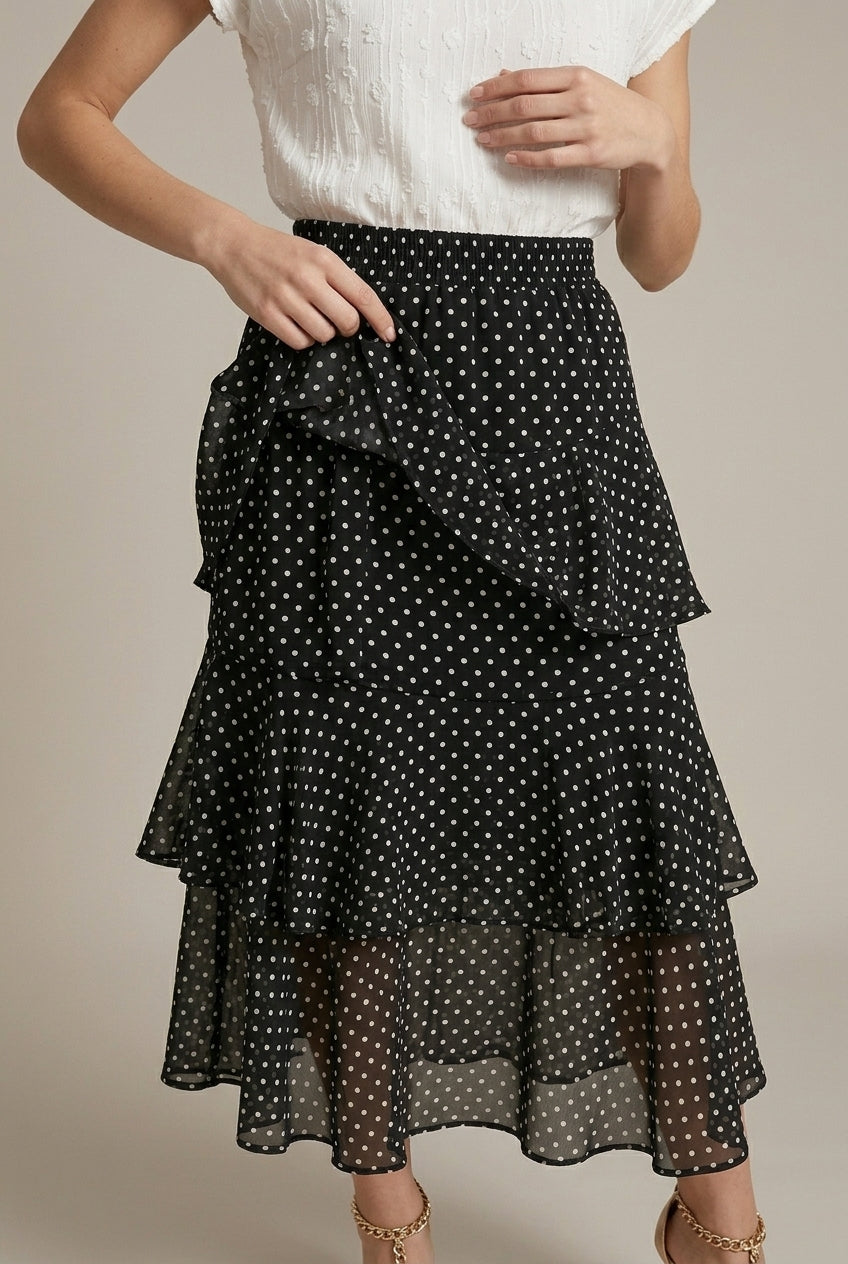 Effortless Polka Dot Midi Skirt for Women with High Waist Ruffle Tiered Flowy Style