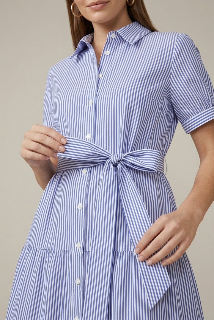 Effortless Striped Shirt Maxi Dress for Women with Collared Neck Short Sleeve Belted Waist Flowy Style