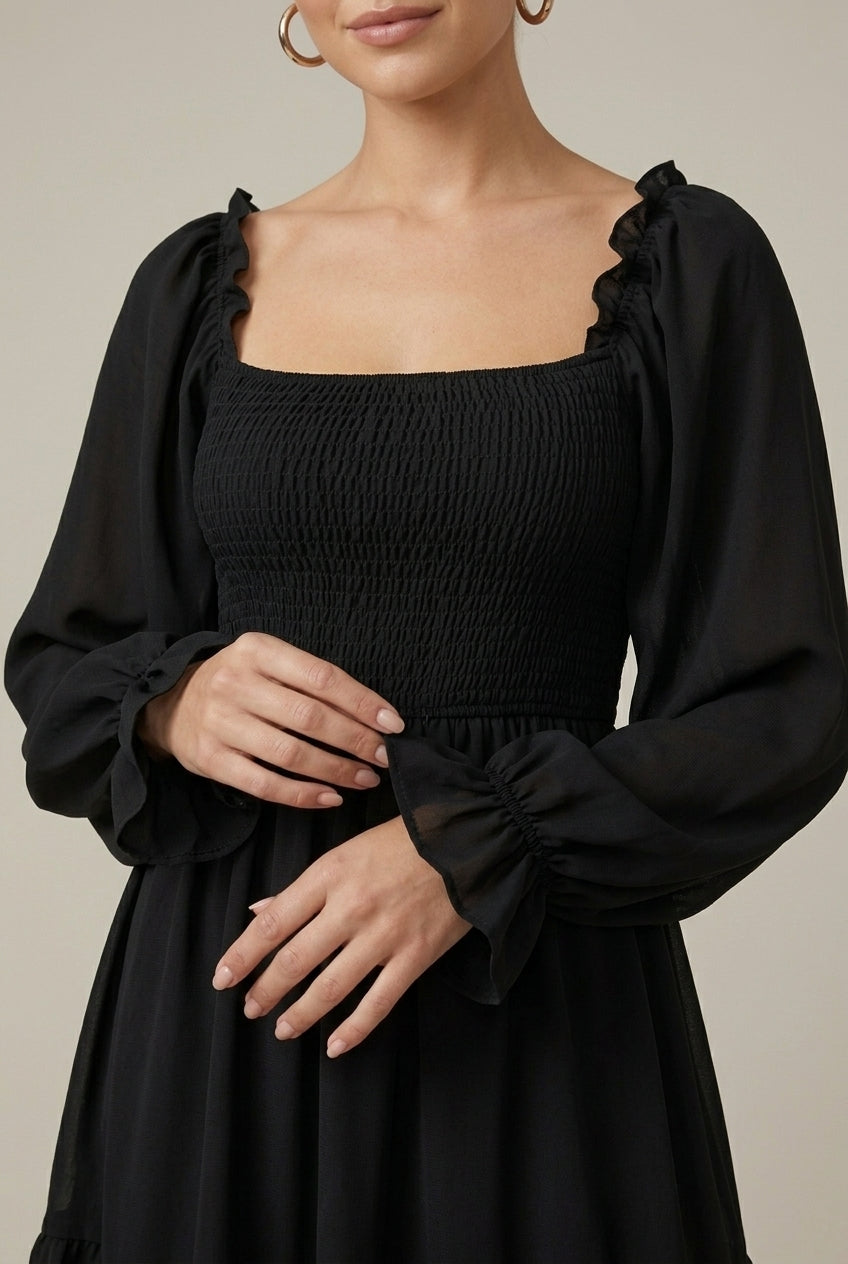 Elegant Smocked Mini Dress for Women with Square Neck Puff Sleeve Tiered Flowy Style