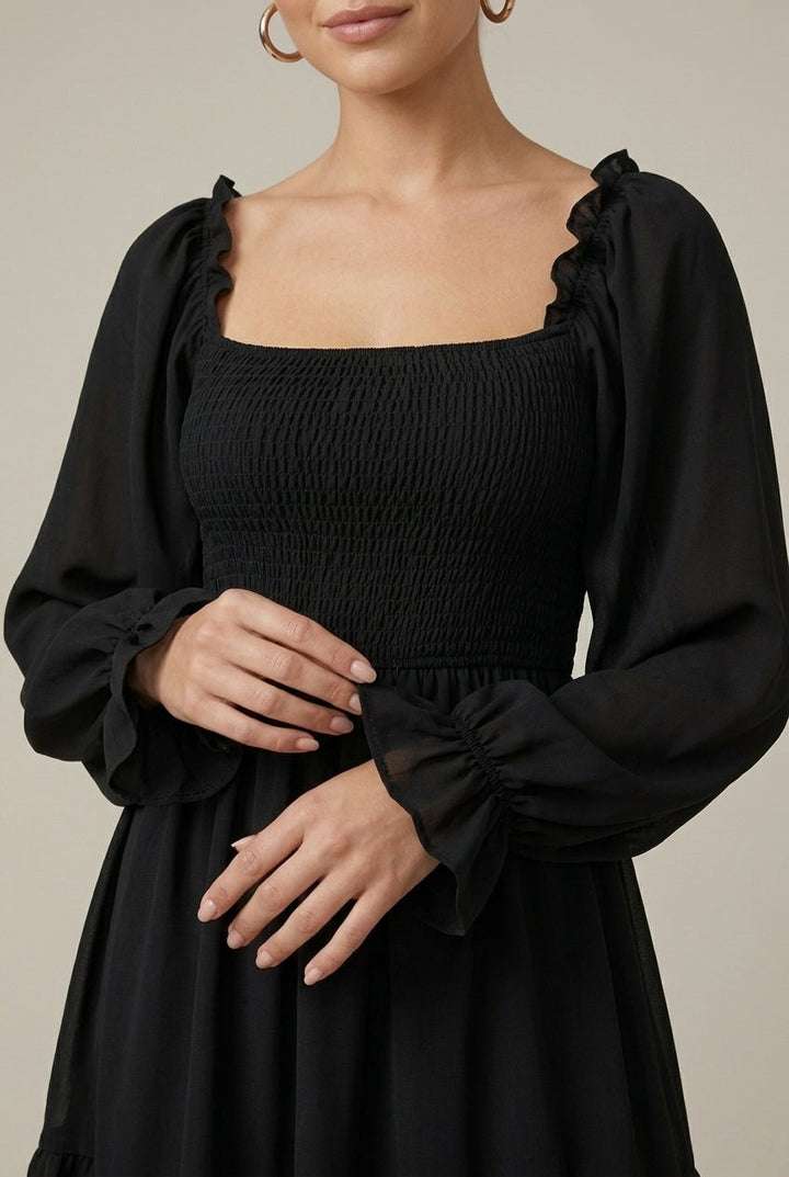 Elegant Smocked Mini Dress for Women with Square Neck Puff Sleeve Tiered Flowy Style