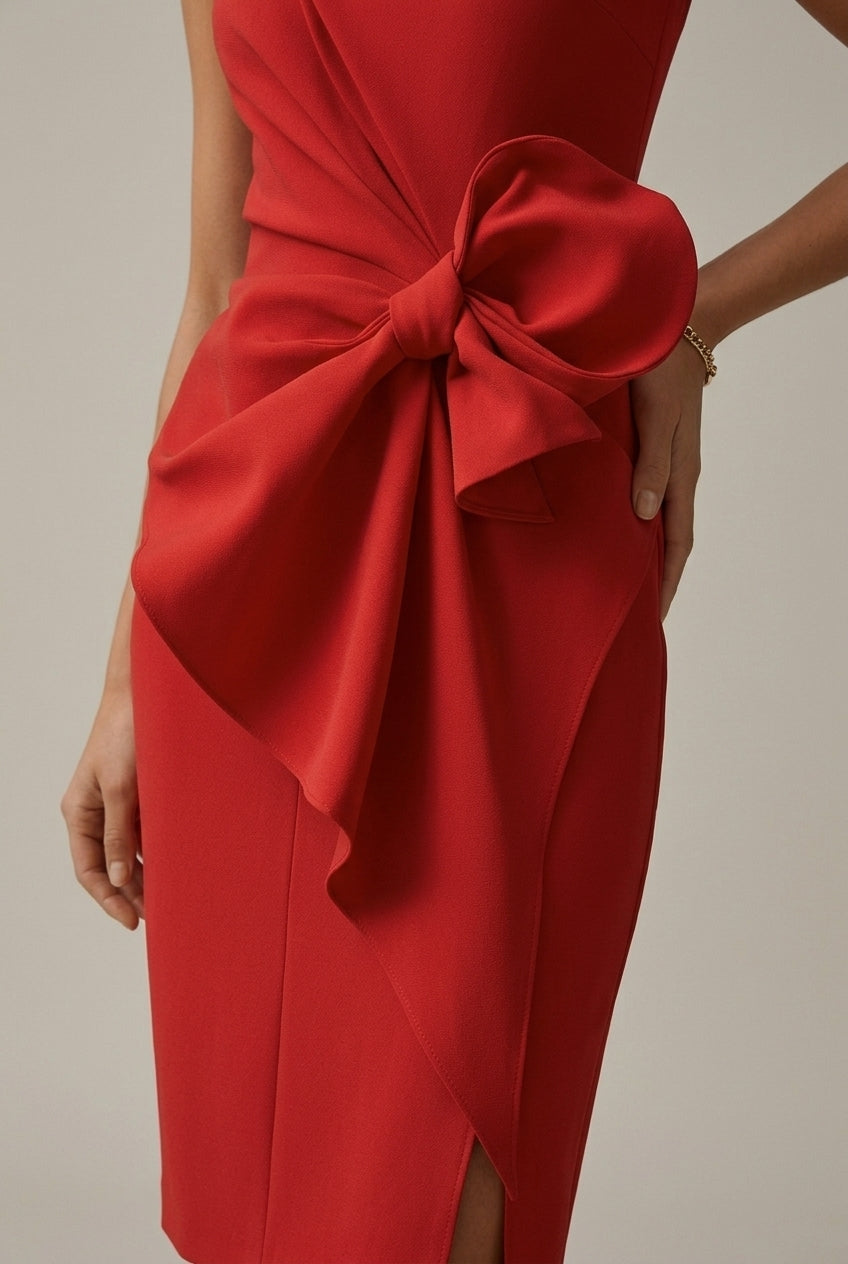 Elegant Satin Midi Dress for Women with Round Neck Sleeveless Bow Detail Formal Wedding Guest Style