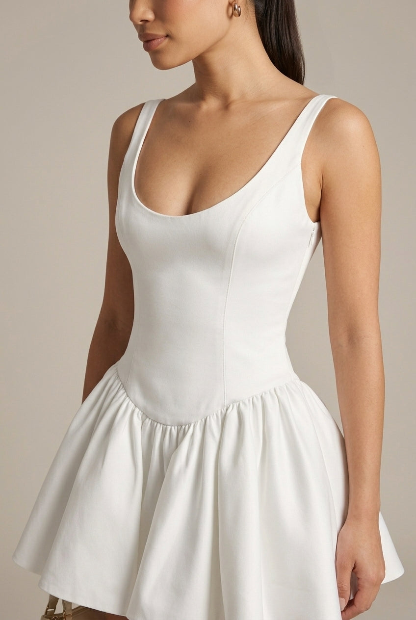 Elegant White Mini Dress for Women with Scoop Neck Sleeveless Drop Waist Flowy Cocktail Style