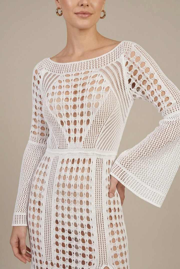 Effortless Crochet Maxi Dress for Women with Boat Neck Long Sleeve Side Slit Flowy Boho Style