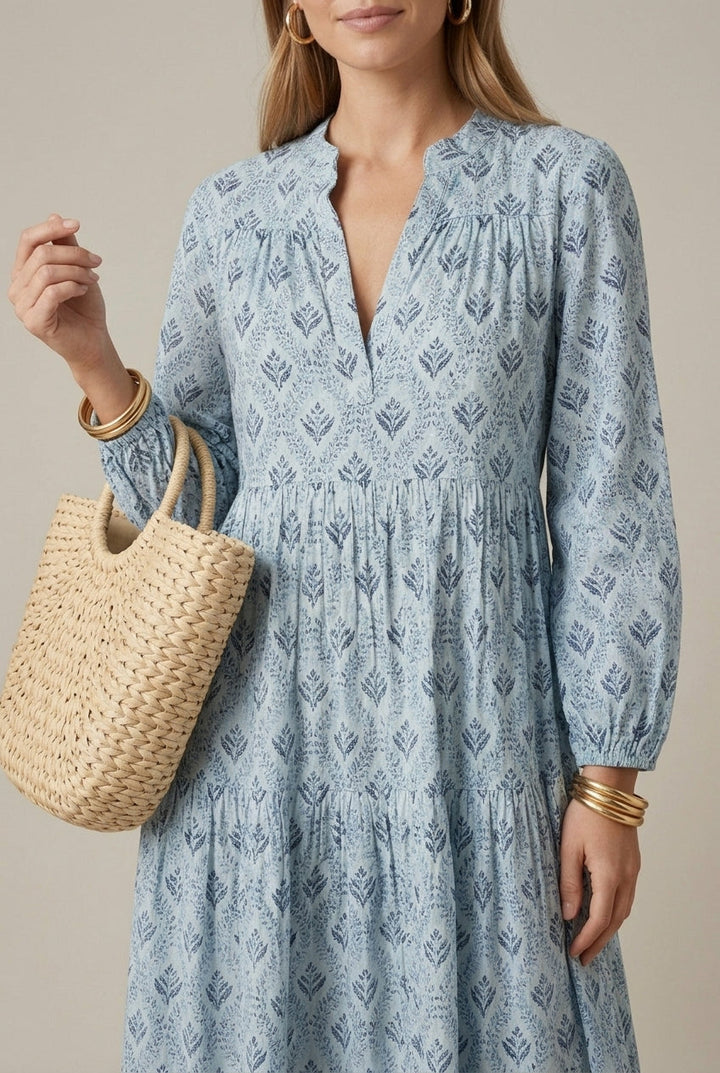 Effortless Printed Maxi Dress for Women with V-Neck Long Sleeve Tiered Flowy Style