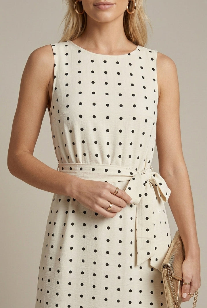 Elegant Polka Dot Maxi Dress for Women with Round Neck Sleeveless Tie Waist High Low Style