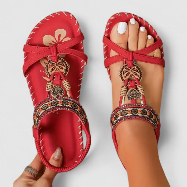 Aurora | Beaded Butterfly T Strap Elastic Back Flat Sandals