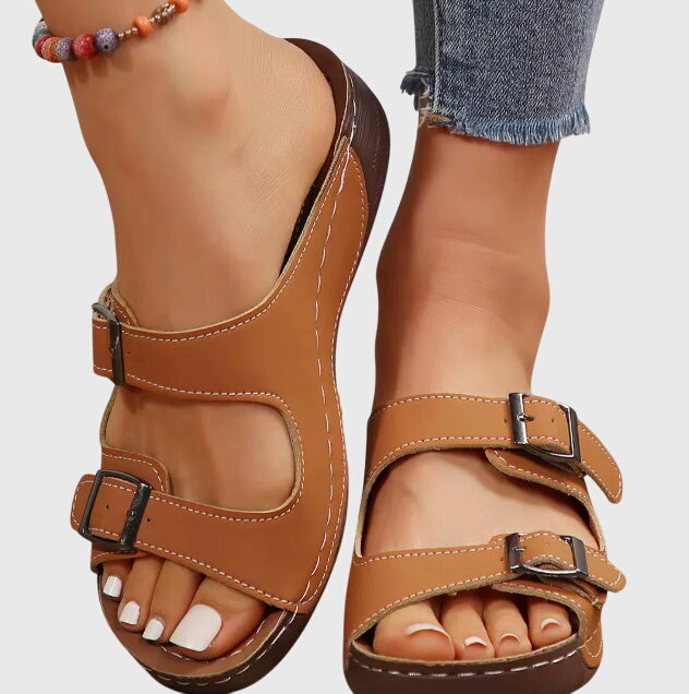 Cleo | Double Buckle Strap Open Toe Leather Sandals
