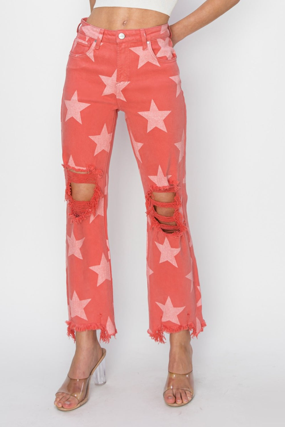 RISEN Full Size Distressed Raw Hem Star Pattern Jeans-Bottoms-Grace & Blossom Boutique, a women's online fashion boutique located in Odessa, Florida