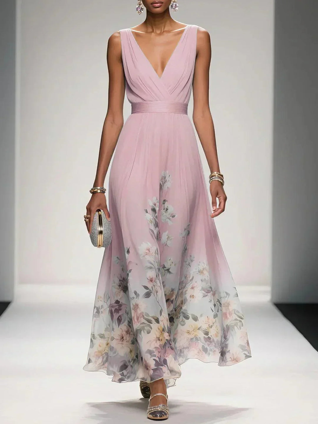 Zelda | Floral Print Deep V Neck Sleeveless A Line Formal Wedding Guest Maxi Dress