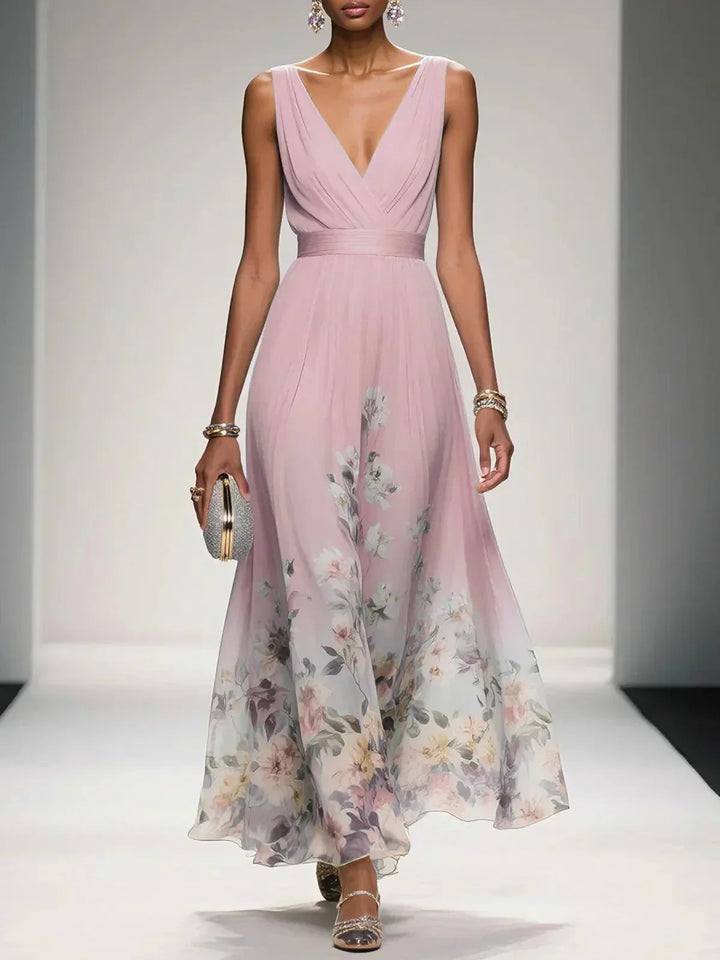 Zelda | Floral Print Deep V Neck Sleeveless A Line Formal Wedding Guest Maxi Dress