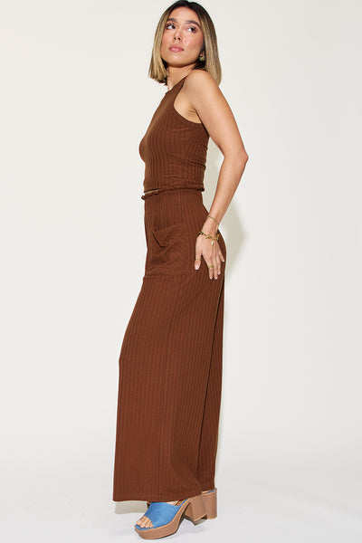 Basic Bae Full Size Ribbed Tank and Wide Leg Pants Set-Two Piece Sets-Grace & Blossom Boutique, a women's online fashion boutique located in Odessa, Florida