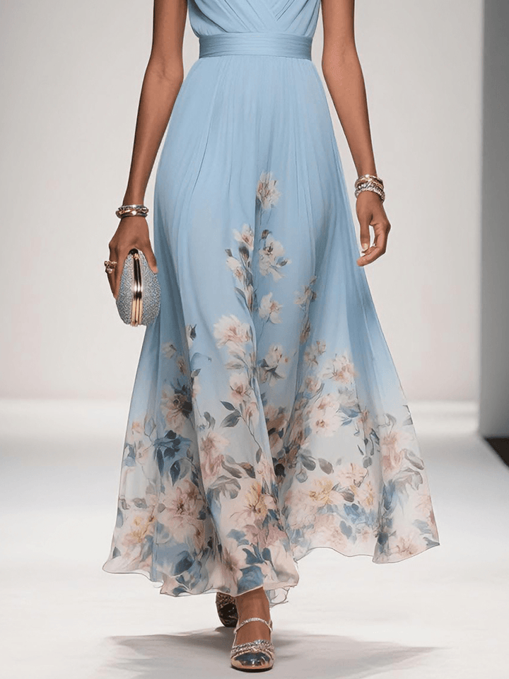 Zelda | Floral Print Deep V Neck Sleeveless A Line Formal Wedding Guest Maxi Dress