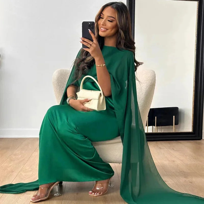 Miriam | Satin Cape Sleeve Bateau Neck Formal Wedding Guest Maxi Dress