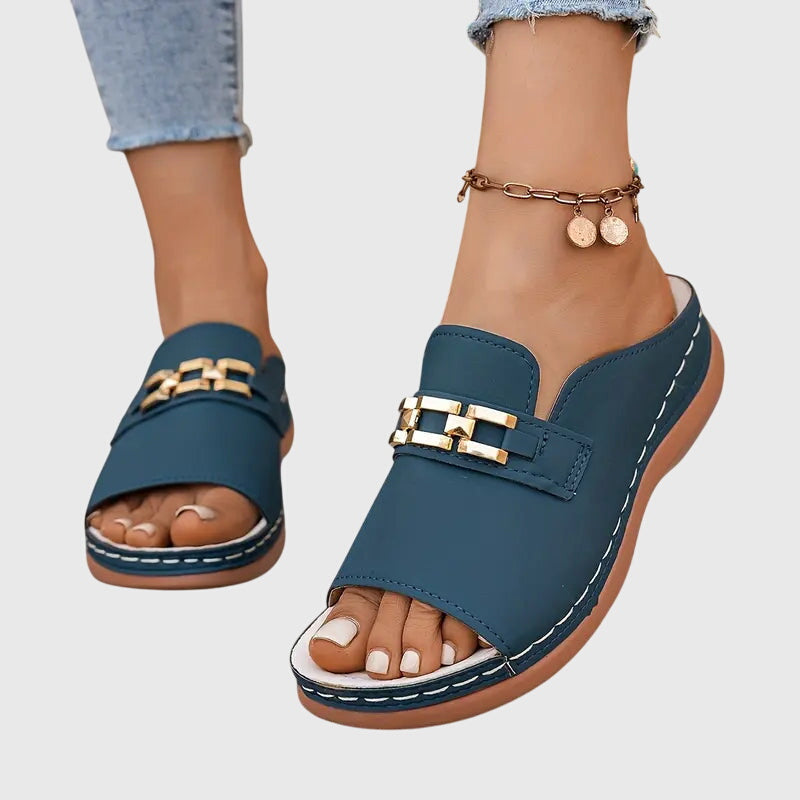Ingrid | Gold Hardware Wide Band Suede Slip On Mules