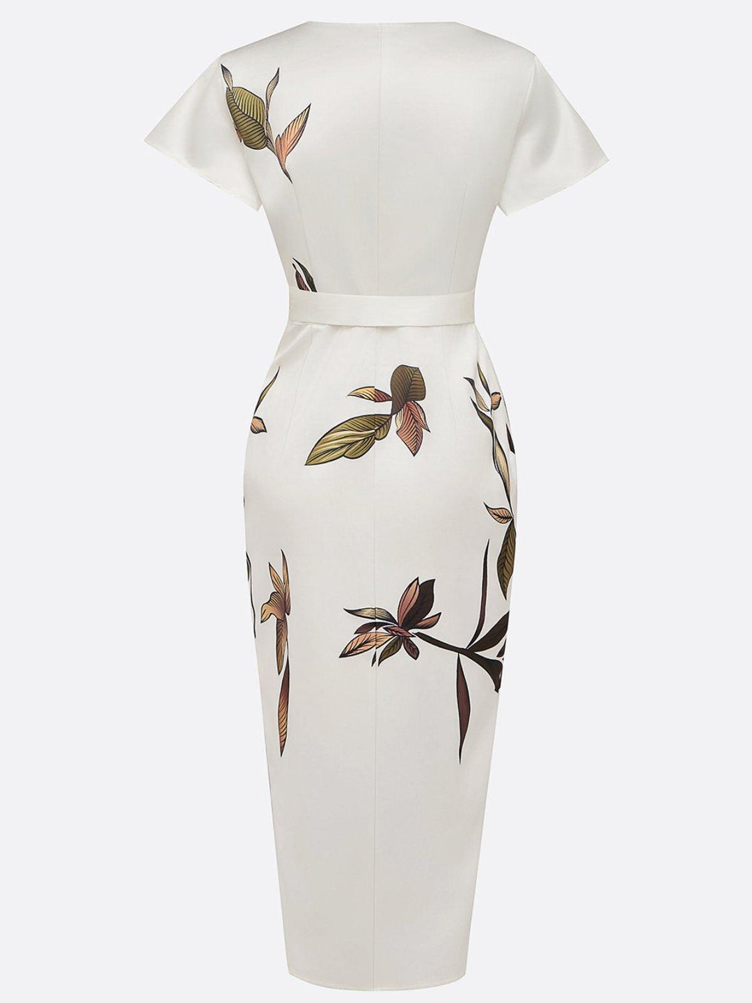 Isadora | White Leaf Print Satin Wrap V Neck Bow Tie Flutter Sleeve Midi Dress