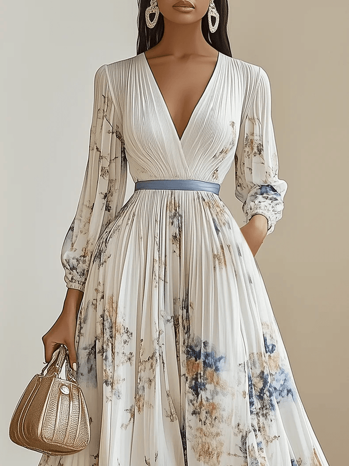 Celestine | White Floral Chiffon Pleated V Neck Balloon Sleeve A-Line Maxi Dress