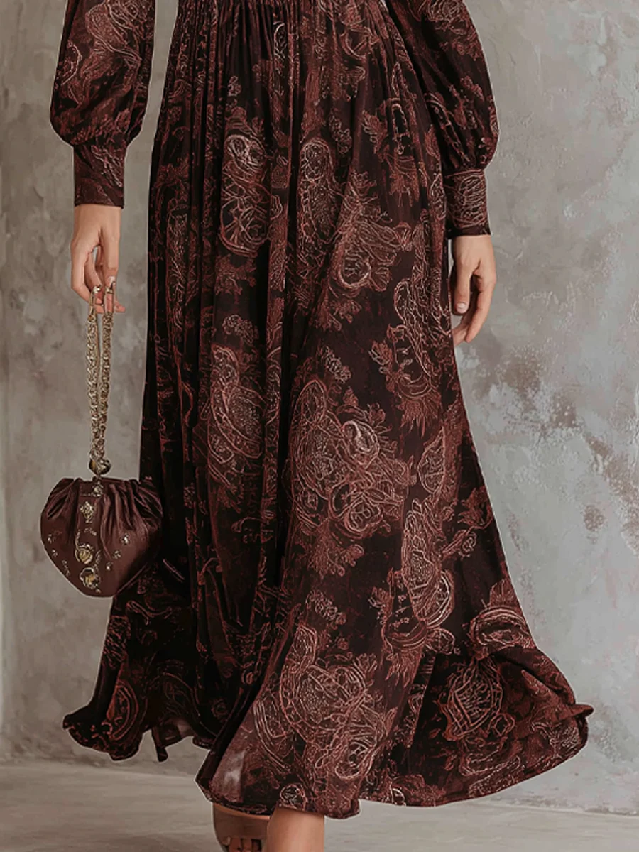Sophia | Brown Paisley Zip Front Long Sleeve Maxi Dress