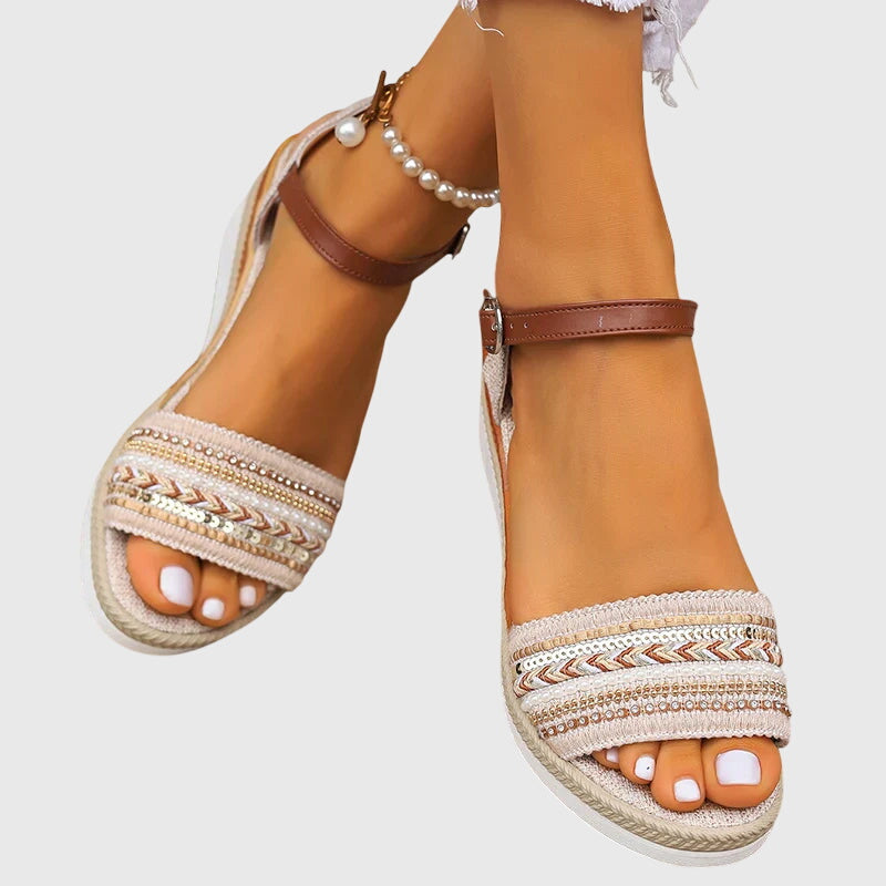 Simone | White Brown Embroidered Ankle Strap Espadrille Wedge Sandals