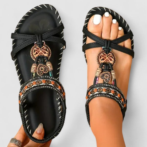 Aurora | Beaded Butterfly T Strap Elastic Back Flat Sandals