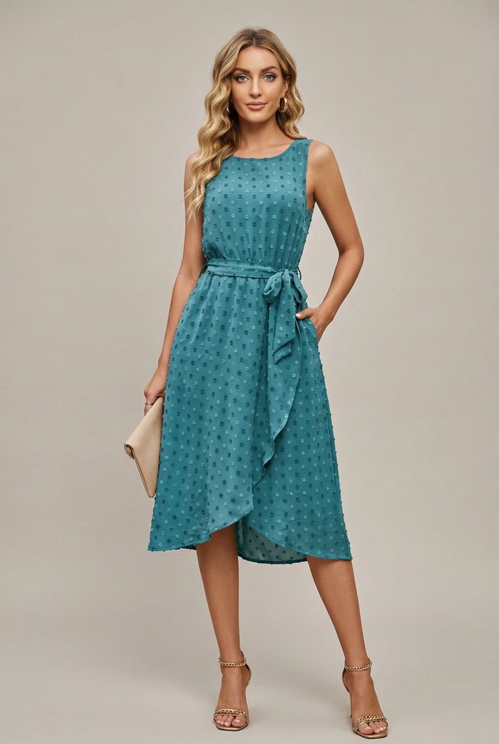 Elegant Polka Dot Maxi Dress for Women with Round Neck Sleeveless Tie Waist High Low Style