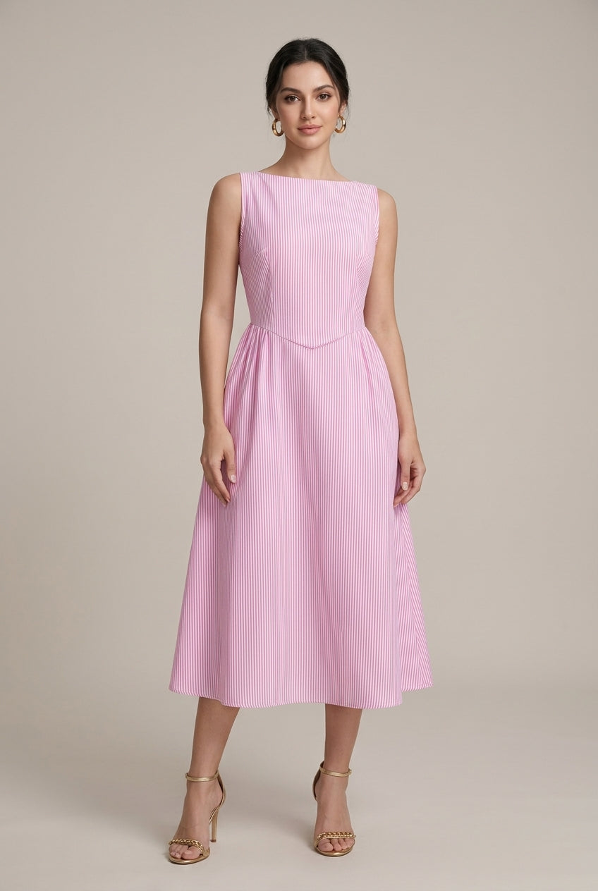 Elegant A Line Midi Dress for Women with Round Neck Sleeveless Pleated Flowy Formal Wedding Guest Style