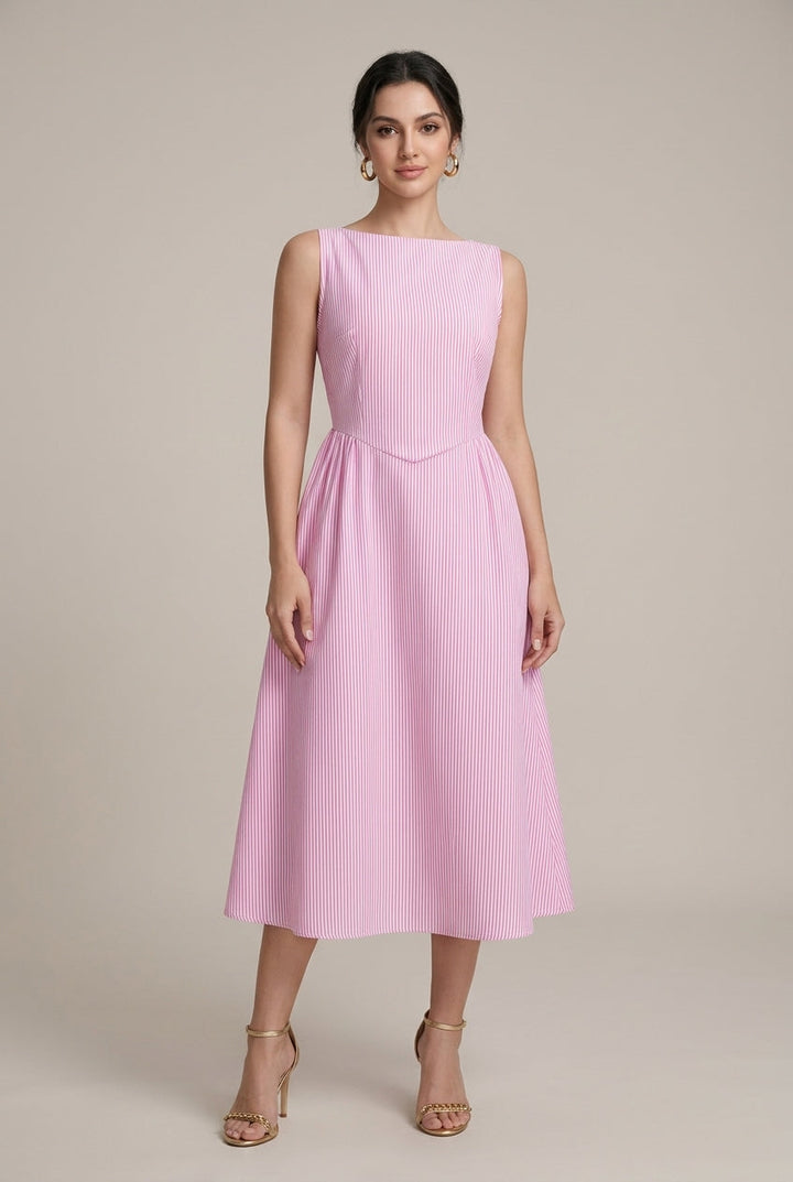 Elegant A Line Midi Dress for Women with Round Neck Sleeveless Pleated Flowy Formal Wedding Guest Style