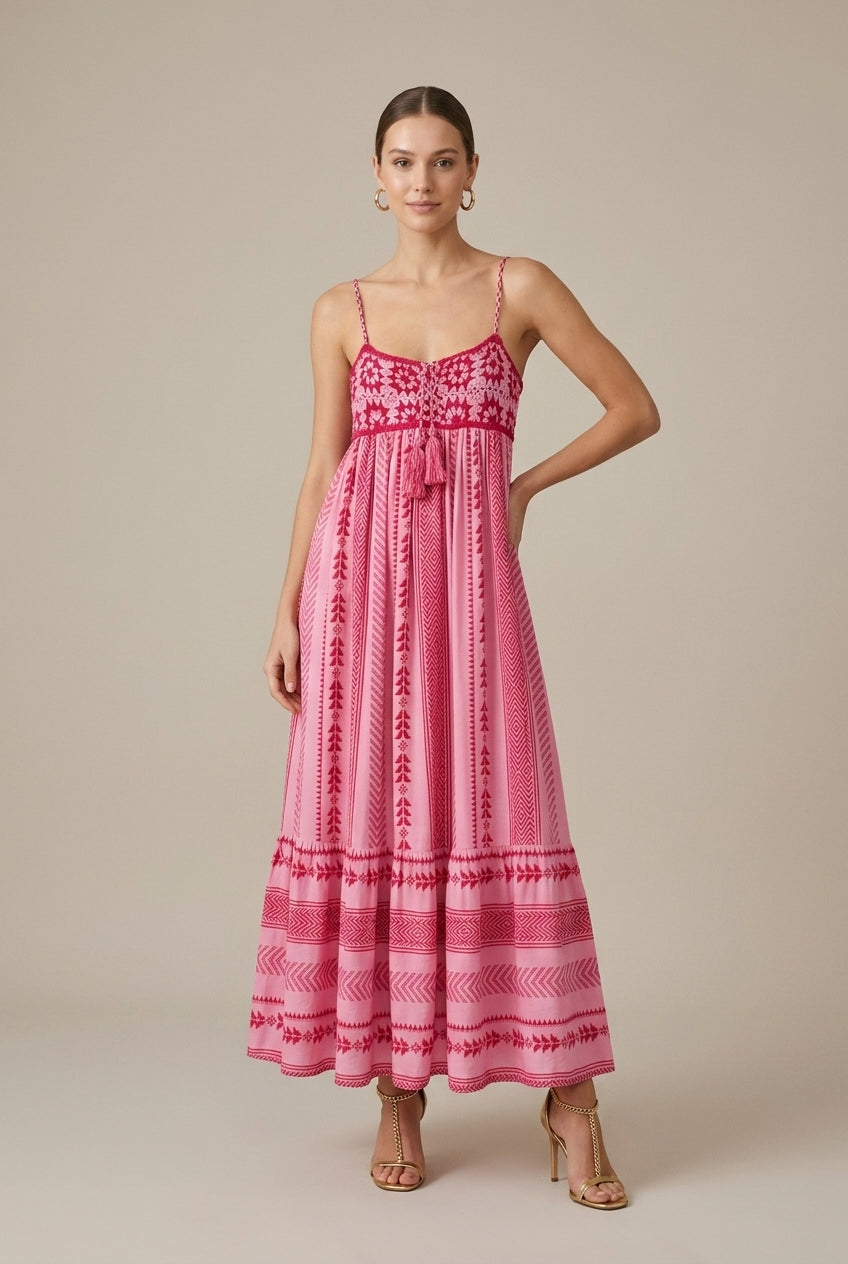 Elegant Pink Maxi Dress for Women with Sweetheart Neck Empire Waist Tiered Flowy Style