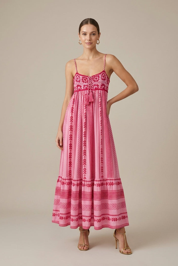Elegant Pink Maxi Dress for Women with Sweetheart Neck Empire Waist Tiered Flowy Style