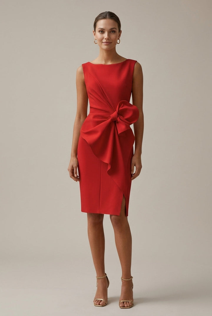 Elegant Satin Midi Dress for Women with Round Neck Sleeveless Bow Detail Formal Wedding Guest Style