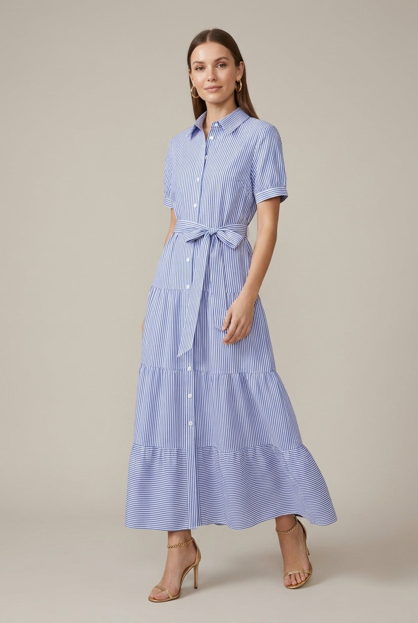 Effortless Striped Shirt Maxi Dress for Women with Collared Neck Short Sleeve Belted Waist Flowy Style