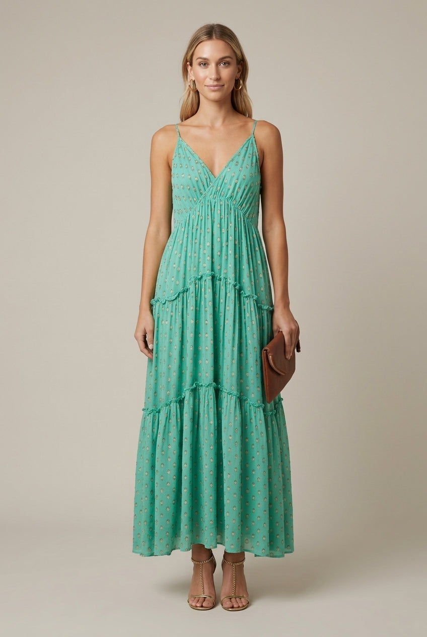 Elegant Teal Green Maxi Dress for Women with V-Neck Spaghetti Strap Smocked Tiered Style