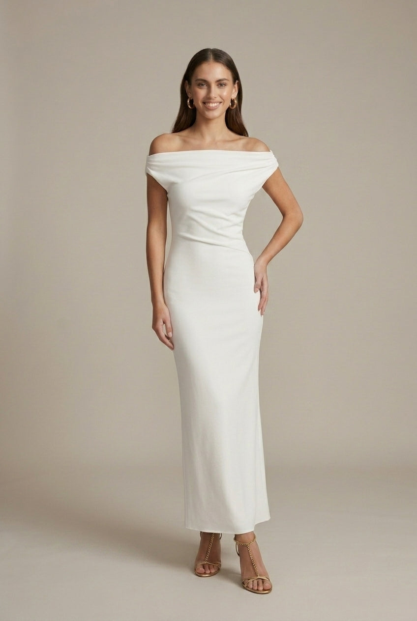 Elegant Satin Maxi Dress for Women with Off Shoulder Ruched Bodycon Formal Wedding Guest Style