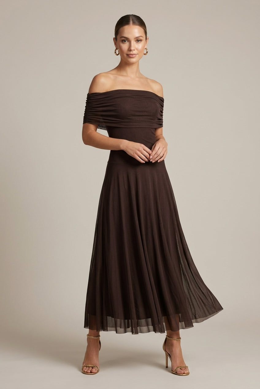 Elegant Brown Tulle Maxi Dress for Women with Off Shoulder Smocked Flowy Formal Wedding Guest Style