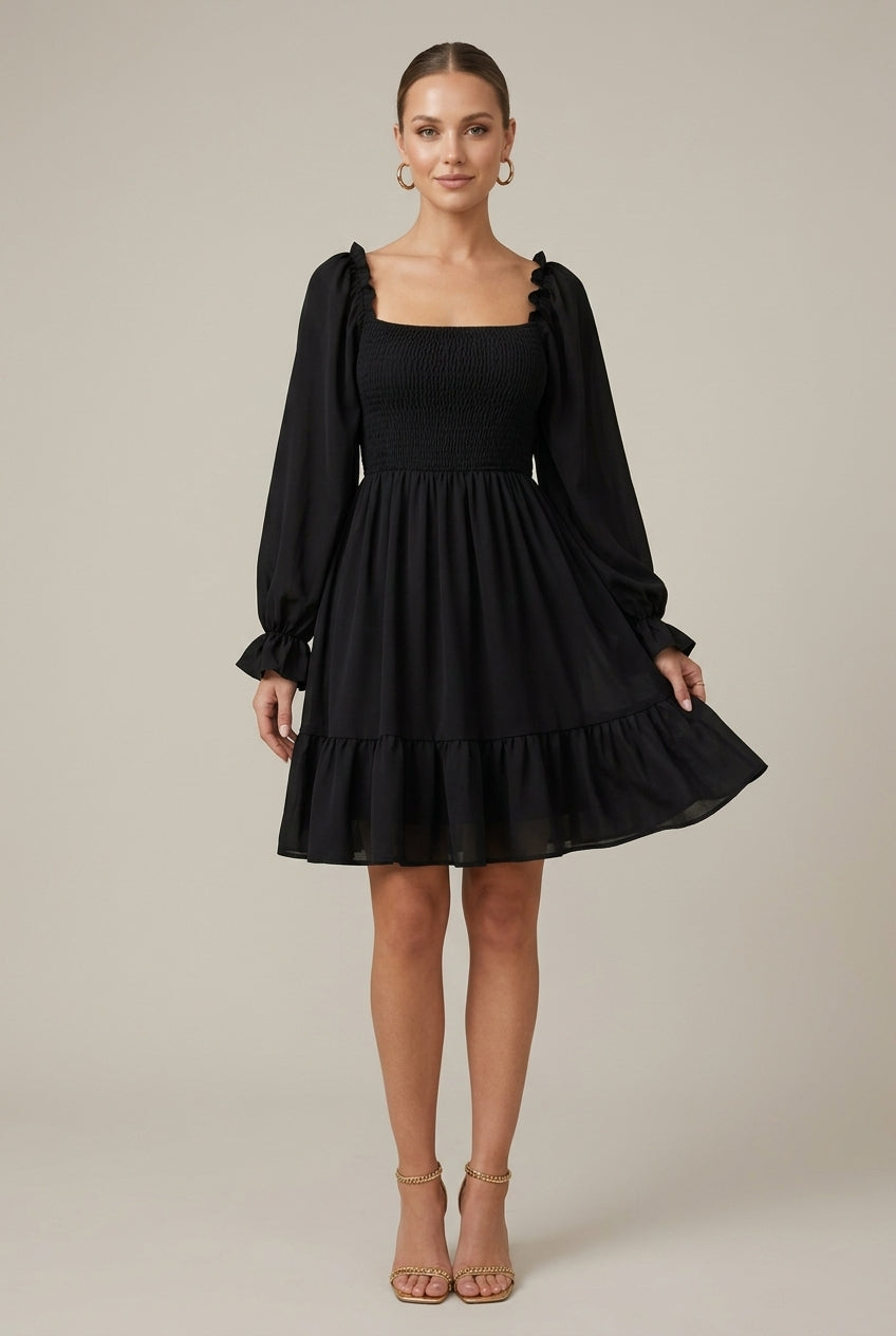 Elegant Smocked Mini Dress for Women with Square Neck Puff Sleeve Tiered Flowy Style