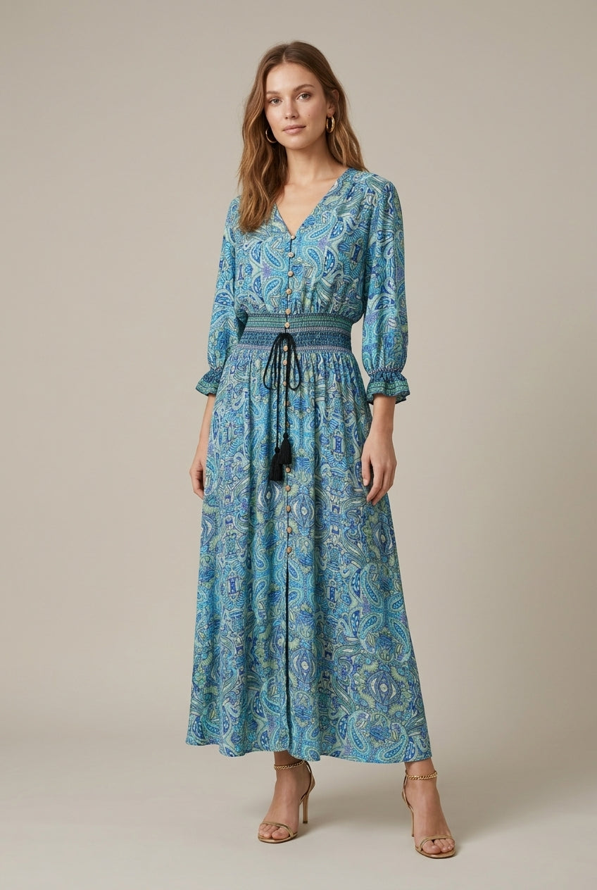Elegant Floral Maxi Dress for Women with Surplice Neck Long Sleeve Tie Waist Flowy Boho Style