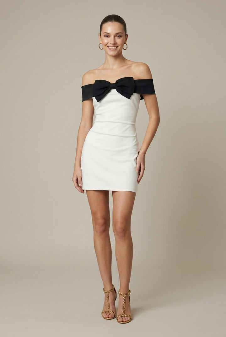 Elegant White Mini Dress for Women with Off Shoulder Bow Detail Bodycon Cocktail Style