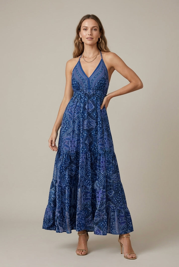 Effortless Printed Maxi Dress for Women with Halter Neck Tiered Flowy Boho Style