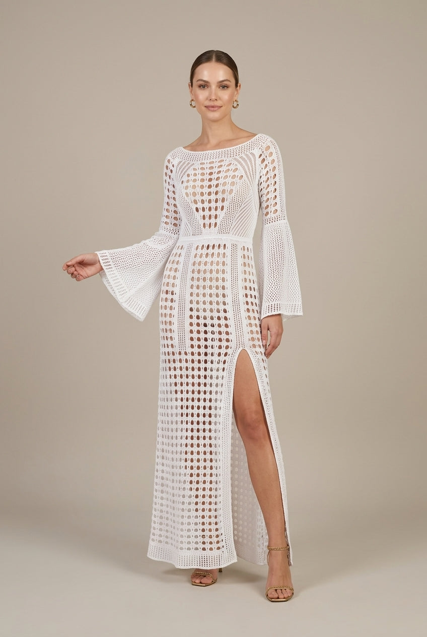 Effortless Crochet Maxi Dress for Women with Boat Neck Long Sleeve Side Slit Flowy Boho Style