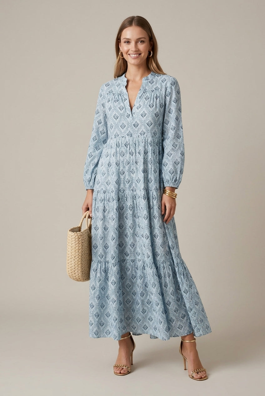 Effortless Printed Maxi Dress for Women with V-Neck Long Sleeve Tiered Flowy Style
