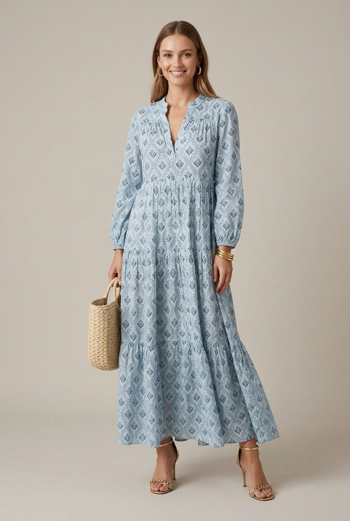 Effortless Printed Maxi Dress for Women with V-Neck Long Sleeve Tiered Flowy Style