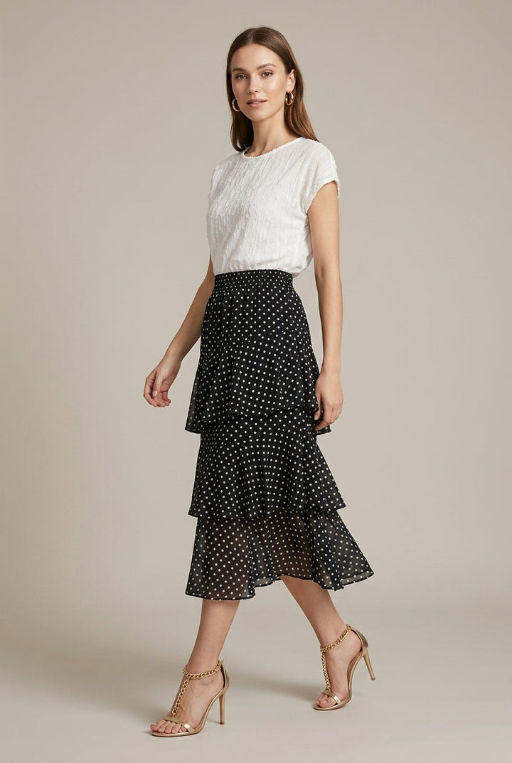 Effortless Polka Dot Midi Skirt for Women with High Waist Ruffle Tiered Flowy Style