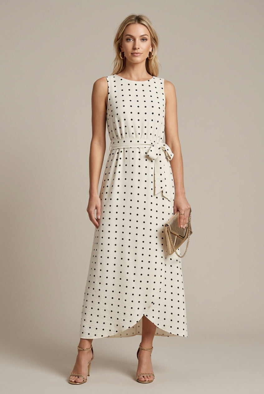 Elegant Polka Dot Maxi Dress for Women with Round Neck Sleeveless Tie Waist High Low Style