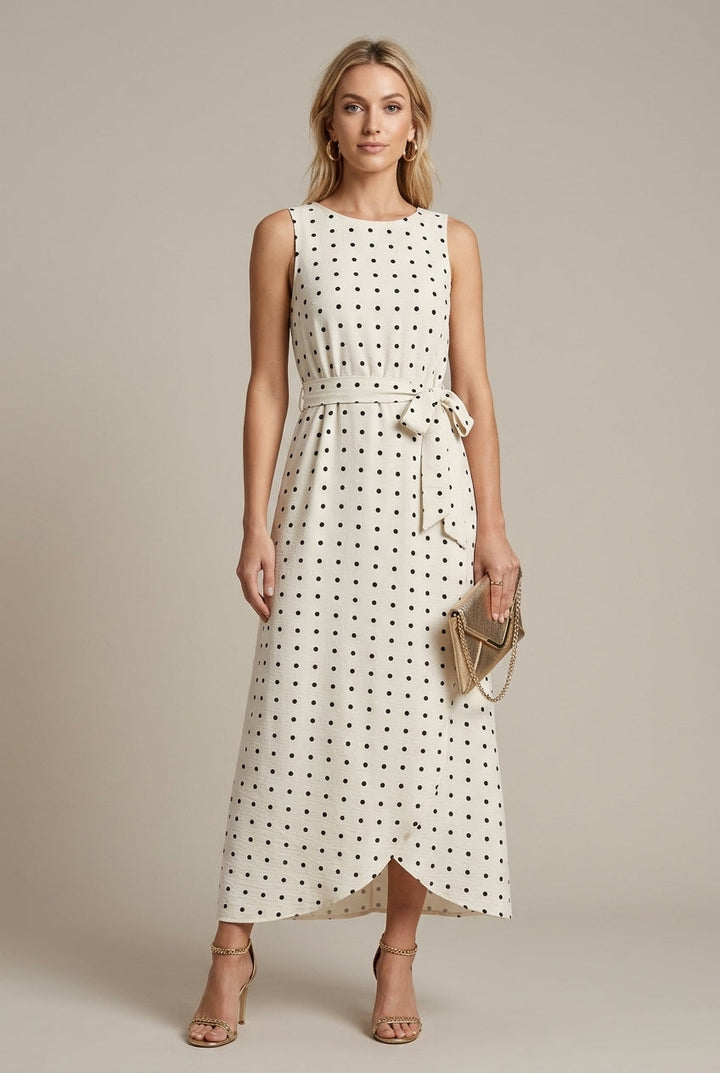 Elegant Polka Dot Maxi Dress for Women with Round Neck Sleeveless Tie Waist High Low Style