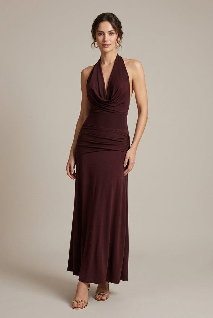Elegant Satin Maxi Dress for Women with Halter Neck Cowl Backless Bodycon Formal Wedding Guest Style