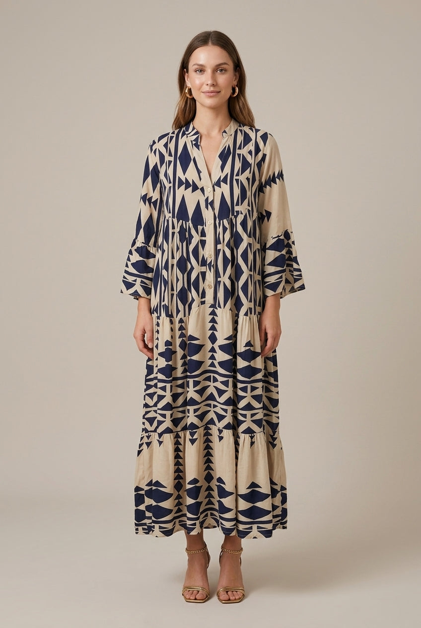 Effortless Printed Maxi Dress for Women with V-Neck Long Sleeve Tiered Flowy Boho Style