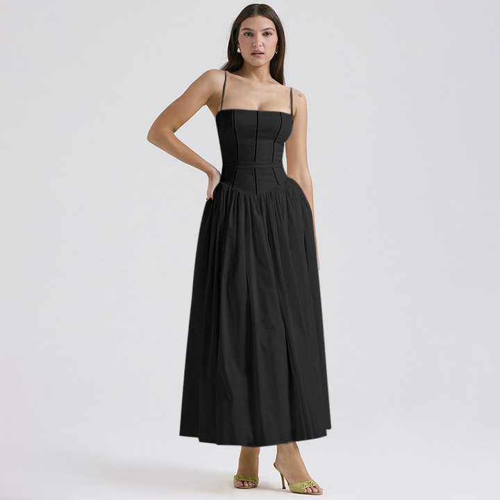 Eva | Floral Print Corset Bodice Spaghetti Strap Full Skirt Midi Dress